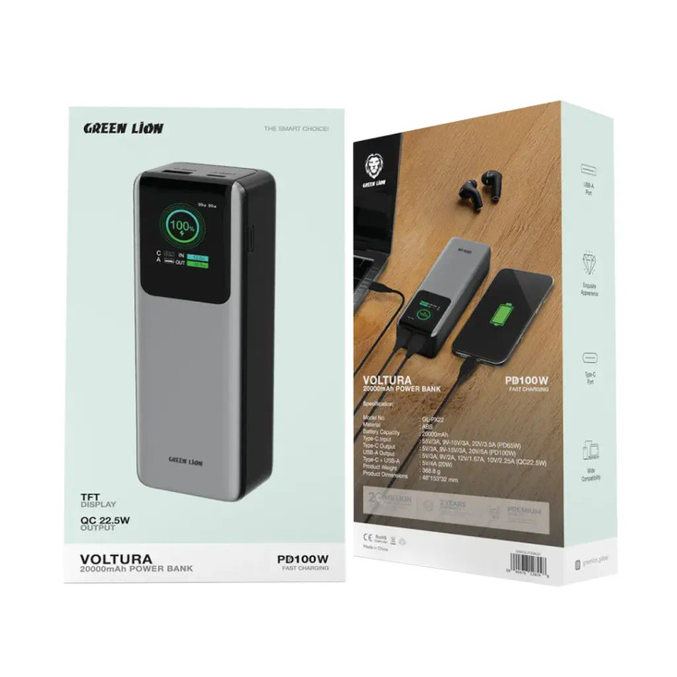 خرید پاوربانک 20000 میلیآمپر گرین لاین Voltura PD100W با توان 100 وات و نمایشگر دیجیتال TFT