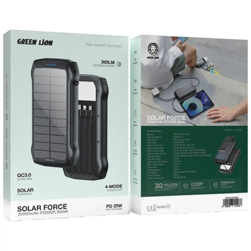 خرید پاوربانک خورشیدی گرین لاین Solar Force 20000mAh با PD 20W و چراغ قوه 360 لومن