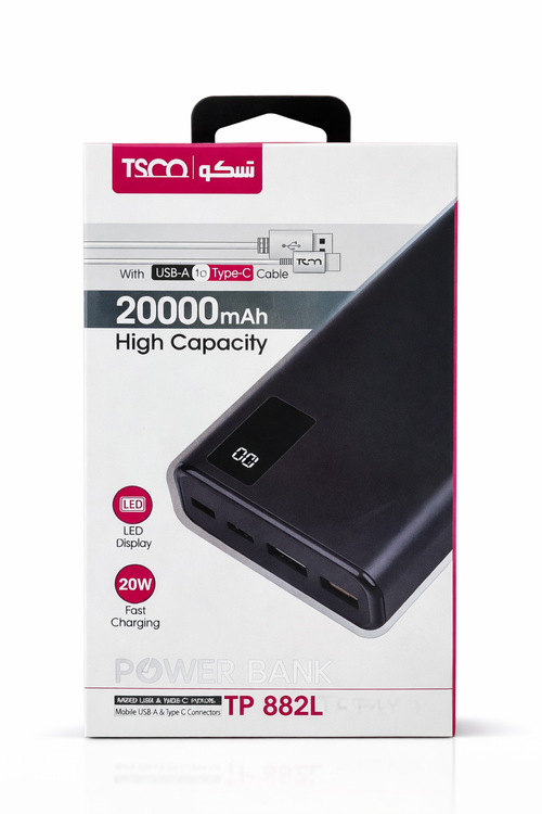 پاوربانک تسکو TP 882L ظرفیت 20000 میلیآمپر با شارژ سریع 20 وات