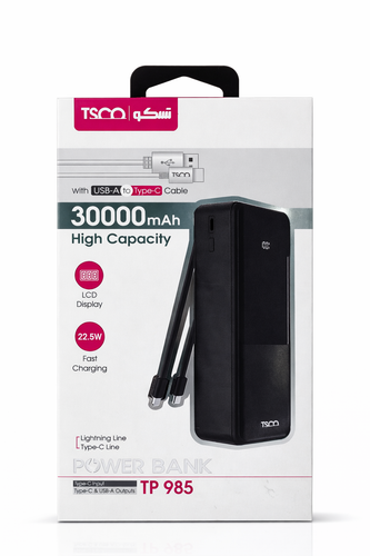 پاوربانک تسکو TP 985 ظرفیت 30000 میلیآمپر با شارژ سریع 22.5 وات