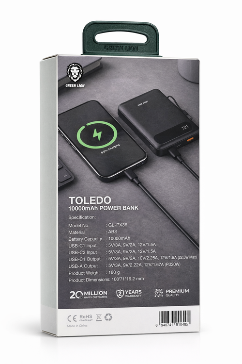 پاوربانک گرین لاین Toledo ظرفیت 10000 میلی آمپر