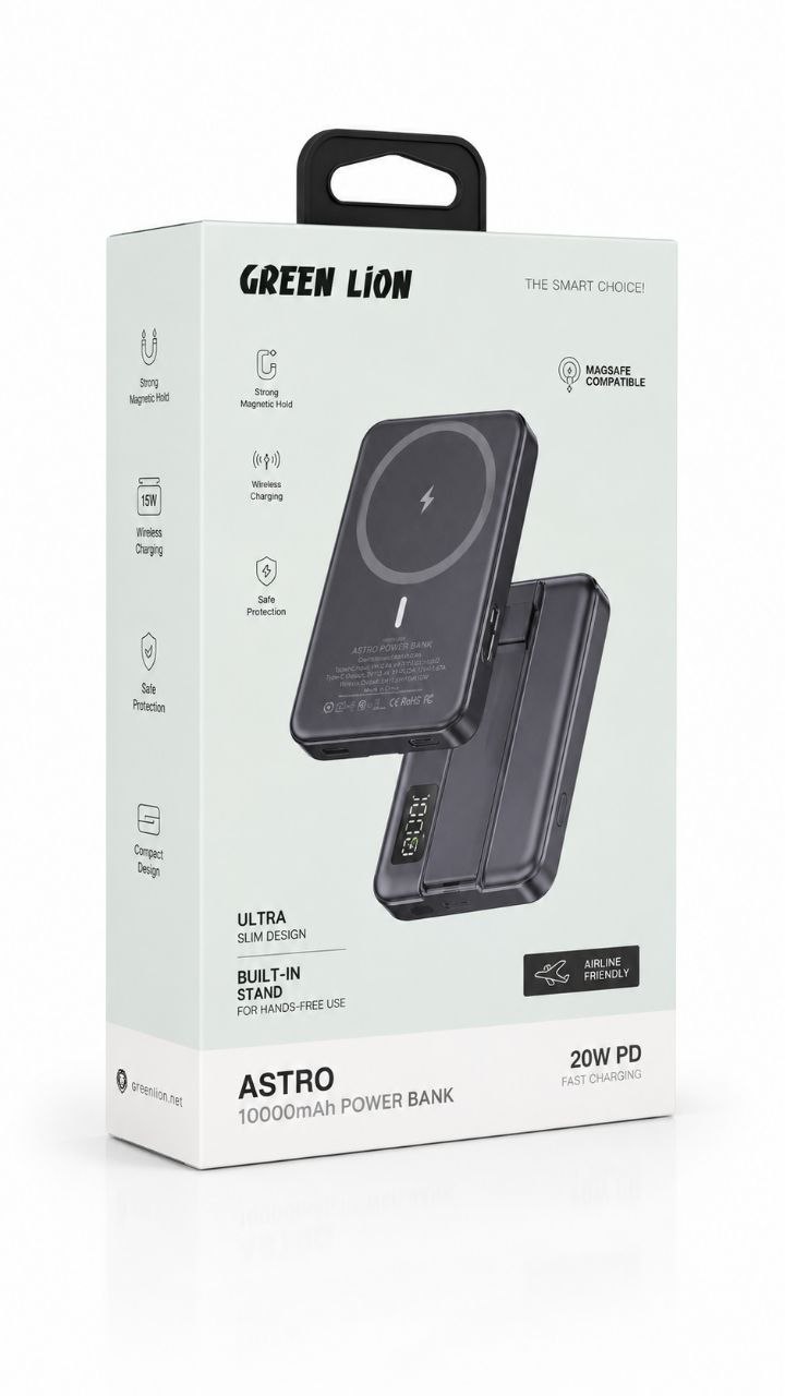 پاوربانک مگ‌سیف گرین لاین Astro ظرفیت 10000 میلی‌آمپر ساعت با شارژ سریع 20 وات